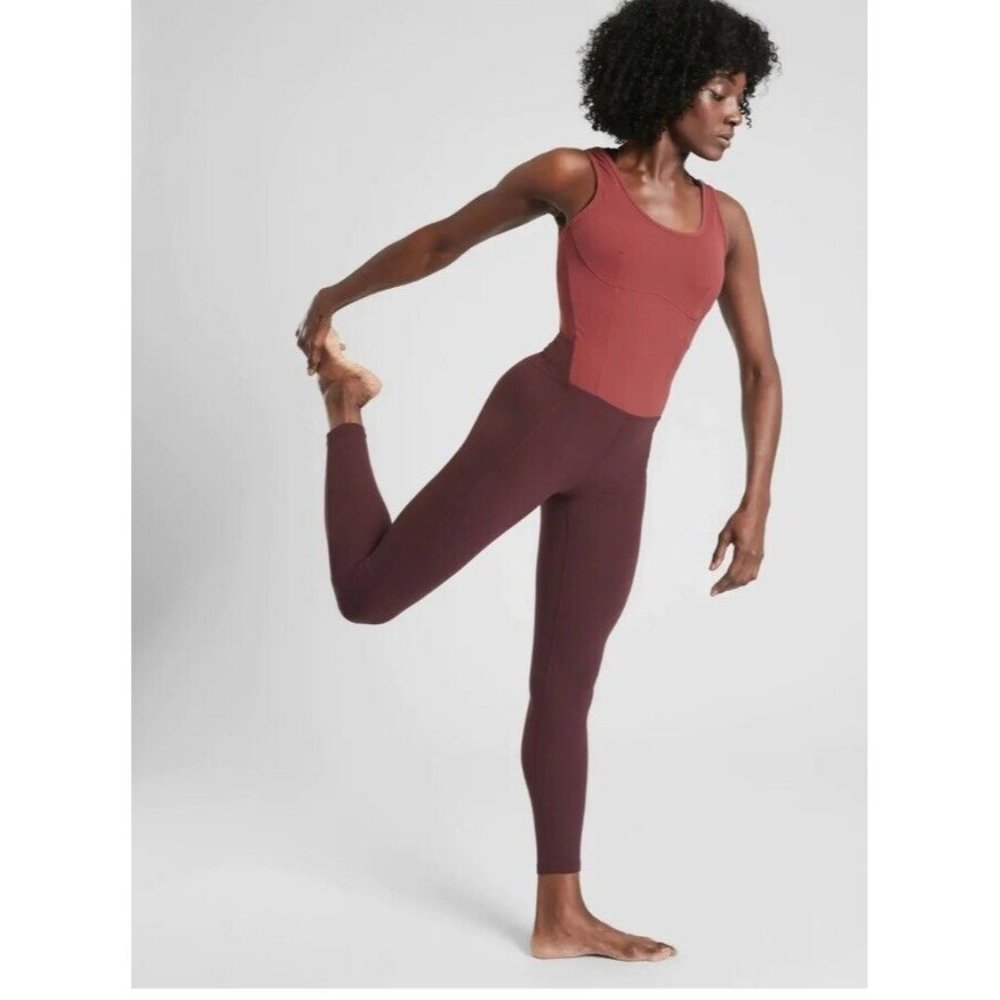 ATHLETA ASPIRATION BODYSUIT POWERVITA JUMPSUIT ACTIVE BURGUNDY LARGE TALL EUC